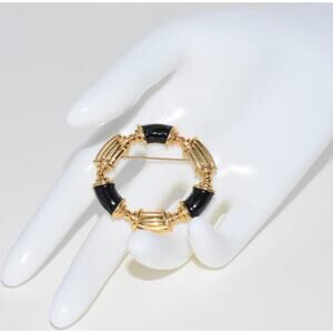 Monet Gold Black Enamel Circle Statement Pin Brooch